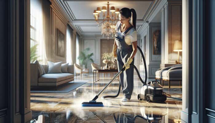 Professional cleaner steam cleaning and crystallising limestone floors in a luxurious home, enhancing sheen and durability.