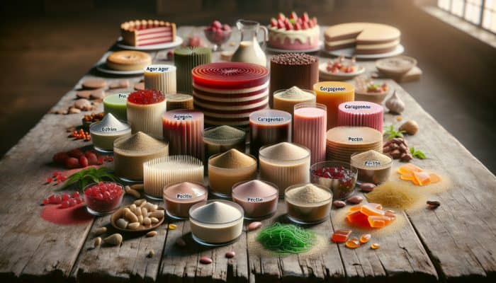 Ingredients for vegan gelatin: agar agar, carrageenan, pectin, displayed on a rustic table alongside plant-based desserts.