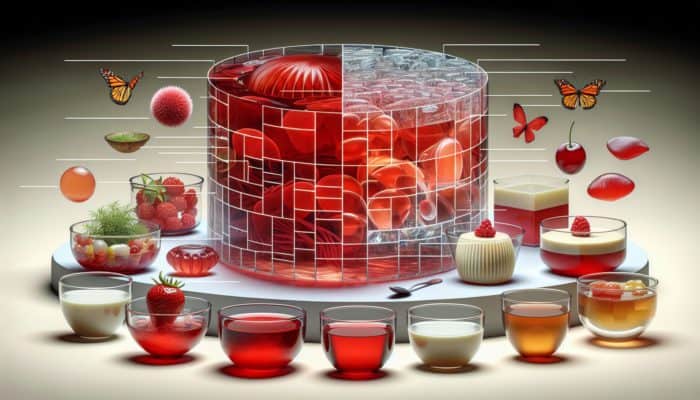 Red algae transforming into clear agar agar jelly, utilised in Asian jelly cups and Western panna cotta.