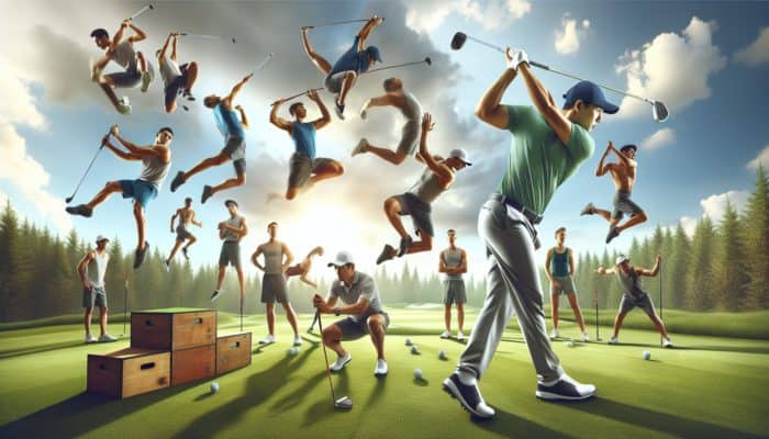 Golfer mid-swing on lush green course, surrounded by dynamic plyometric drills enhancing muscle power and speed.