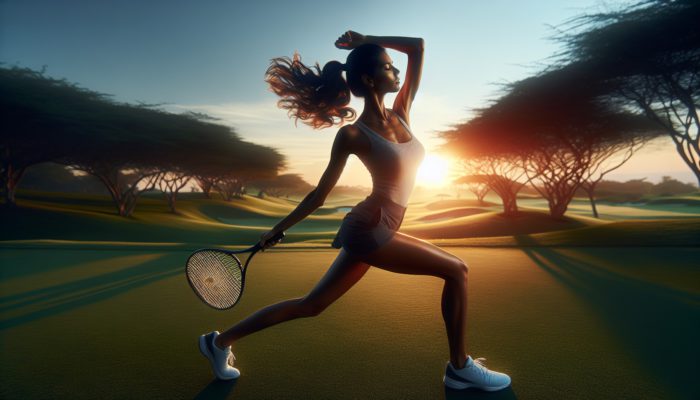 Golfer performing dynamic arm circles and leg swings at sunrise, then static stretches at sunset on a beautiful course.