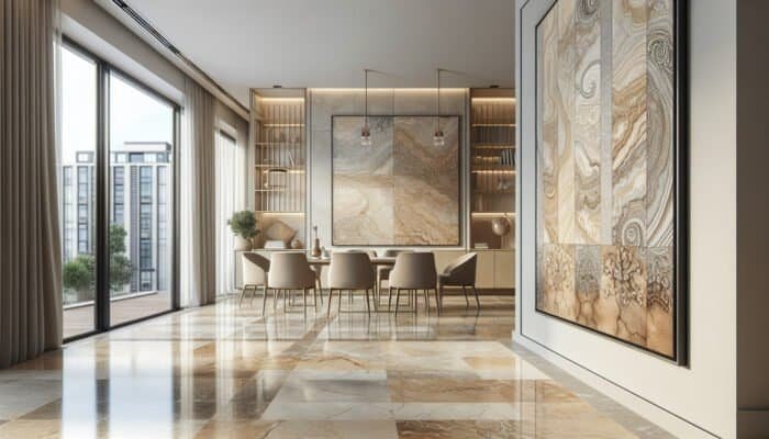 Luxurious travertine floor in a modern UK home, featuring creamy beige and brown hues with intricate patterns.