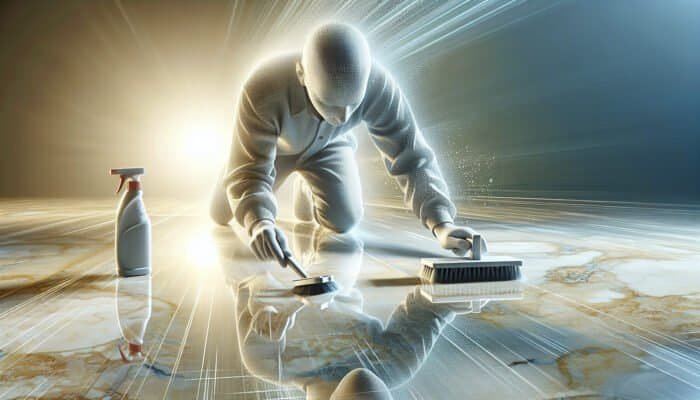Person cleaning travertine floor with brush, detergent, and stone cleaner, showing stain removal.