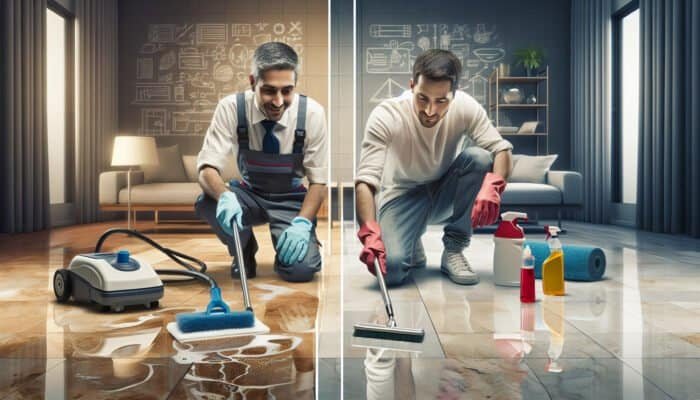 Professional cleaner using specialized equipment on travertine floor; homeowner applying DIY solution.