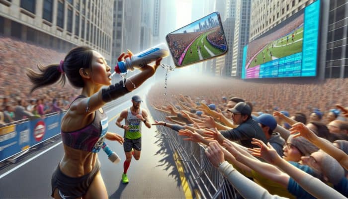 Marathon runner at mile 20, sipping from hydration pack and taking energy gel, focused amidst cheering crowds.