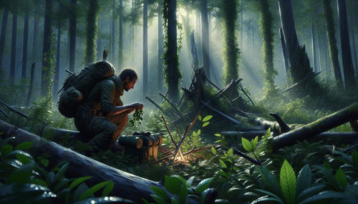 A survivor building a shelter in a dense forest, observing nature's signs.