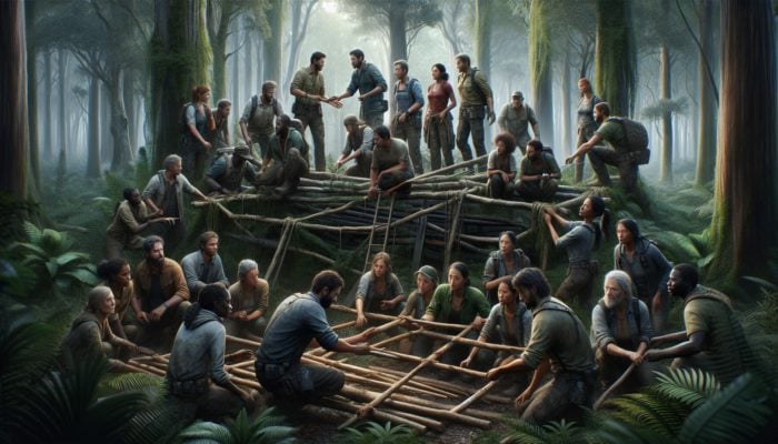 A diverse group building a shelter in a dense forest, demonstrating unity and effective communication.