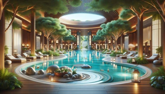 A serene spa retreat in Las Vegas with tranquil pools, lush greenery, and luxurious treatment rooms for holistic health.