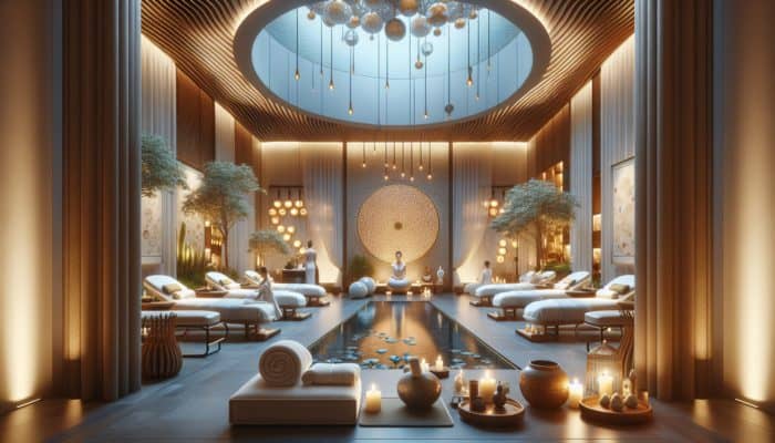 A serene spa scene at Awana Spa in Las Vegas, featuring massage tables, soft lighting, and a meditation area with guests relaxing.