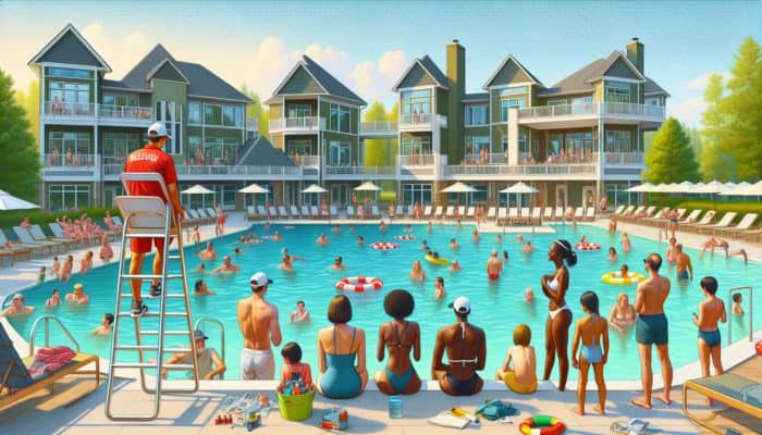 The Lake Club Benoni: Families enjoying a sunny day at The Lake Club Benoni's varied swimming pools, with lifeguards ensuring safety.