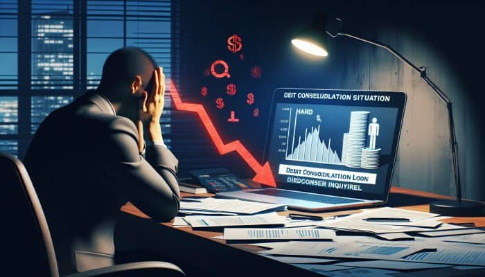 Challenges of Debt Consolidation with Bad Credit: A Guide | DCL Challenges of Debt Consolidation with Bad Credit: A person worriedly viewing descending credit score graph on laptop amidst debt consolidation documents in dim office.