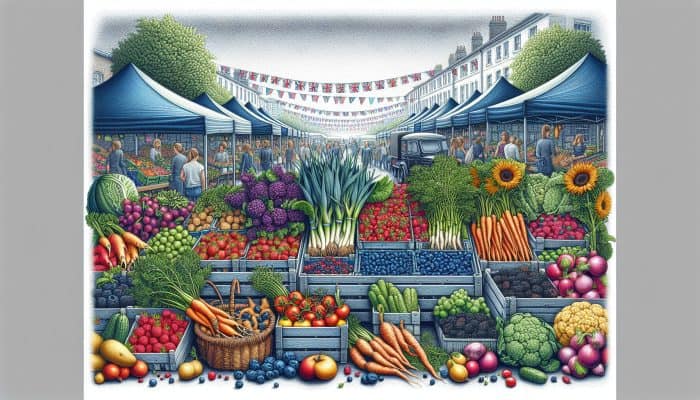 A vibrant UK farmer's market displaying seasonal produce like summer berries, winter root vegetables, and spring greens.