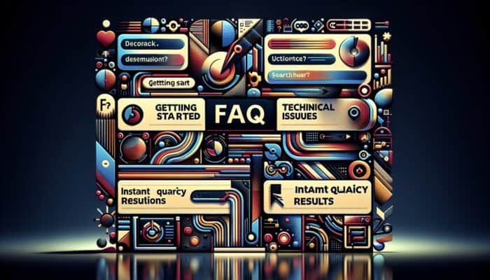 A user-friendly FAQ page on a computer screen featuring sections like "Getting Started," "Technical Issues," and "Billing Questions," along with a search bar.
