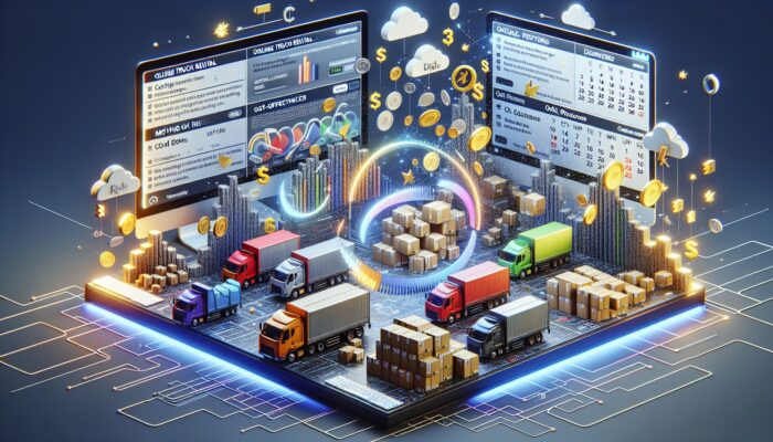 Digital interface showing cost-effective truck rentals with deals, moving boxes, and off-peak calendar.