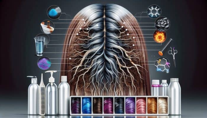 Damaged colour-treated hair strands displaying brittleness and breakage, surrounded by dye bottles, heat tools, and UV/pollution symbols.