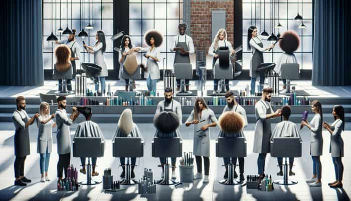 Various hairstylists demonstrating care techniques for different hair textures in a contemporary salon.