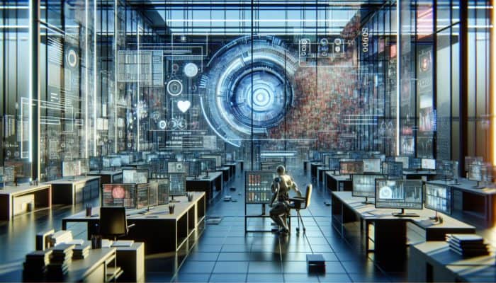 AI in futuristic lab analysing SERP data, demonstrating biases in graphs and struggling with human emotions and cultural contexts.