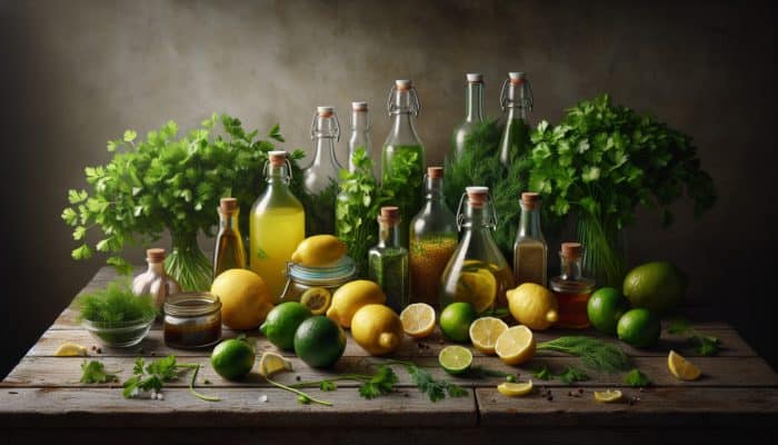 A vibrant selection of low-sodium ingredients displayed on a rustic table: lemons, limes, various vinegars, and fresh herbs.
