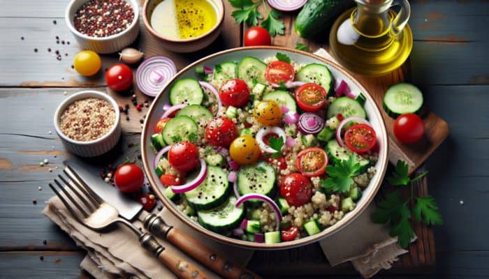 Mediterranean quinoa salad featuring tomatoes, cucumber, onion, parsley, and lemon dressing displayed on a rustic wooden table.