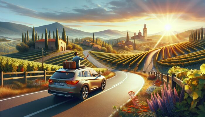 Traveller in rented vehicle exploring a rural road, discovering a vineyard and a historical site.