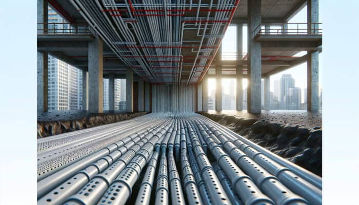 Weeping Tile Services in Richmond: A network of perforated PVC pipes around a building's foundation collecting and redirecting groundwater.