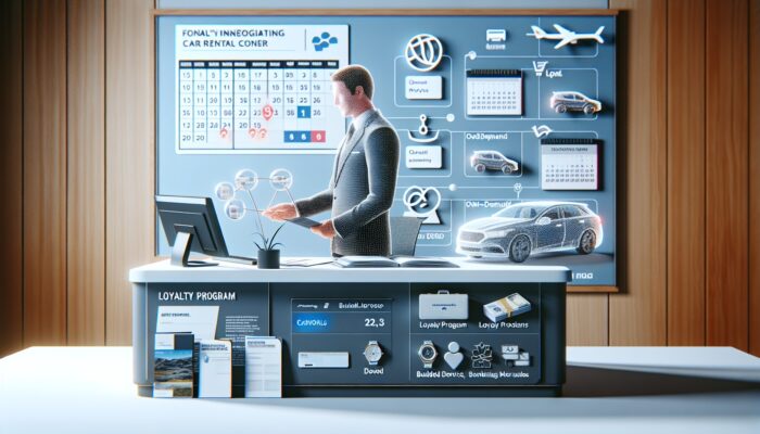 Individual negotiating at a car rental counter with travel documents and loyalty cards on the desk.