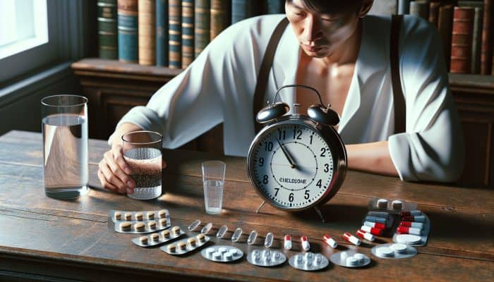 Person fasting for cholesterol test with water, clock showing 9-12 hours, medications and supplements.