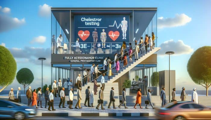 Diverse group entering modern GP clinic in Luton for cholesterol testing, under clear sky.