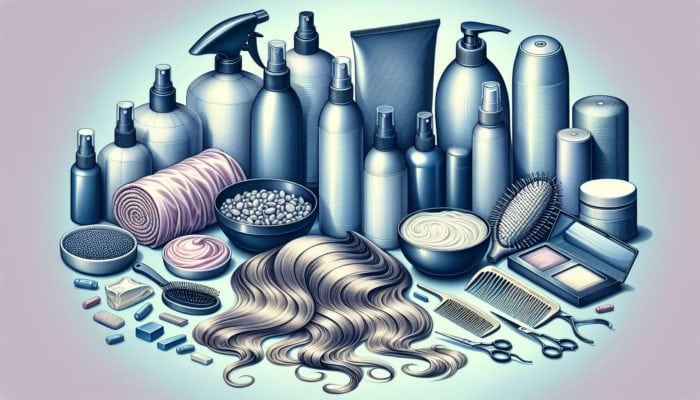Visual representation of hair repair products and techniques against a cool-toned backdrop.