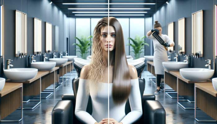 Woman receiving a deep conditioning treatment in a salon, illustrating a transformation from dull to vibrant hair.