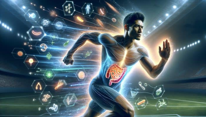 Athlete with a healthy gut microbiome, surrounded by nutrients and energy, showing enhanced performance and recovery.