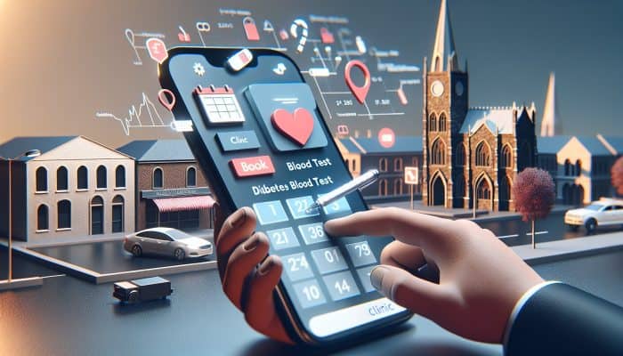 Person using smartphone to book diabetes blood test online, with calendar and Tamworth clinic in background.
