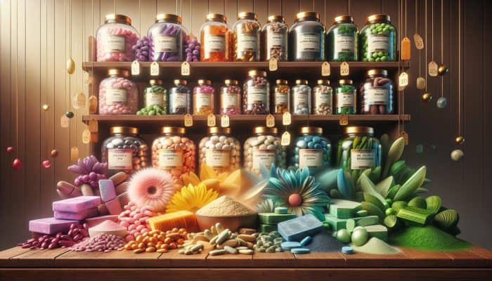 Cost of Nutrition Supplements: A colorful array of UK nutrition supplements including vitamins, minerals, protein powders, and herbal extracts on a shelf with price tags.