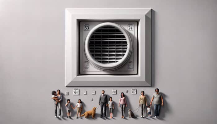 A clean air vent in a modern Abbotsford home, featuring a calendar showing annual cleaning alongside a family with pets.