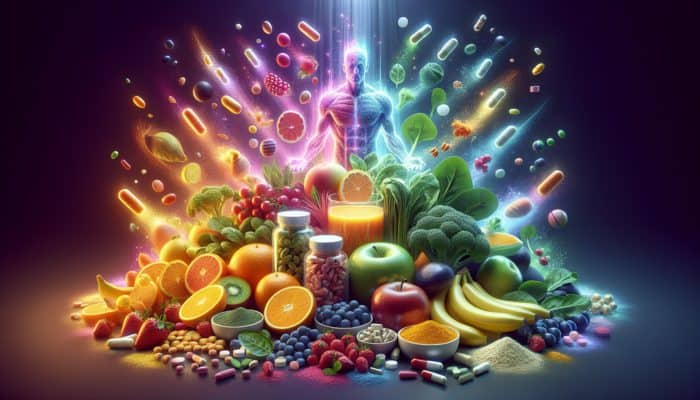 A colourful assortment of fruits, vegetables, and supplements representing essential micronutrients for muscle recovery.