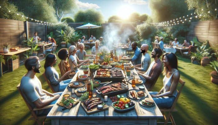 A vibrant BBQ setup featuring grilled meats, colourful sides, and friends enjoying a feast in a sunlit garden.