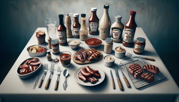 A table featuring Kansas City BBQ sauce in a jar, Alabama white sauce in a bowl, and a custom BBQ sauce in a bottle, accompanied by grilling tools and meats.