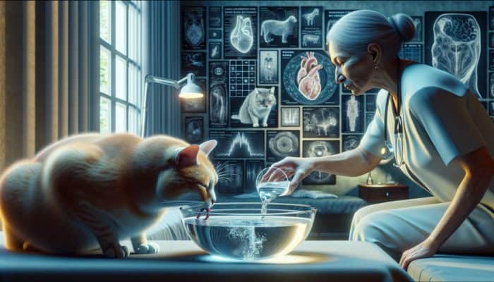 An elderly cat drinking water, vet monitoring hydration with a device in a cozy, well-lit room with health charts.