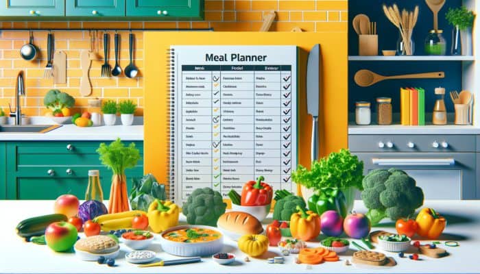 A kitchen scene with a meal planner and fresh, low-calorie foods organized for balanced, under 500-calorie meals.