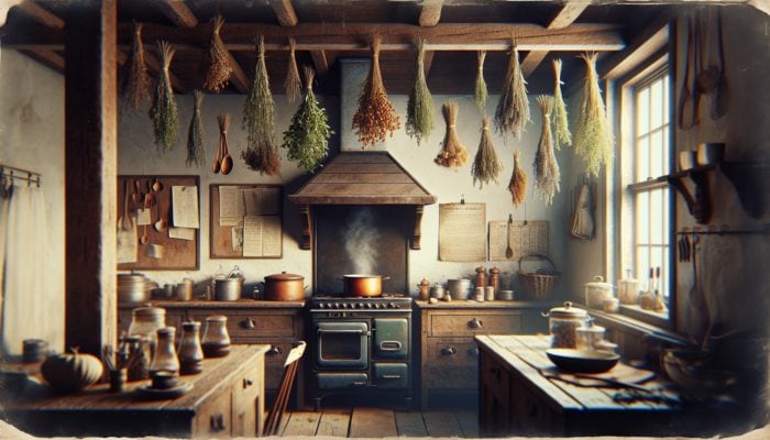 How to Store Dried Herbs Properly: A rustic British kitchen with dried herbs like rosemary, thyme, and sage hanging, enhancing stew's aroma.