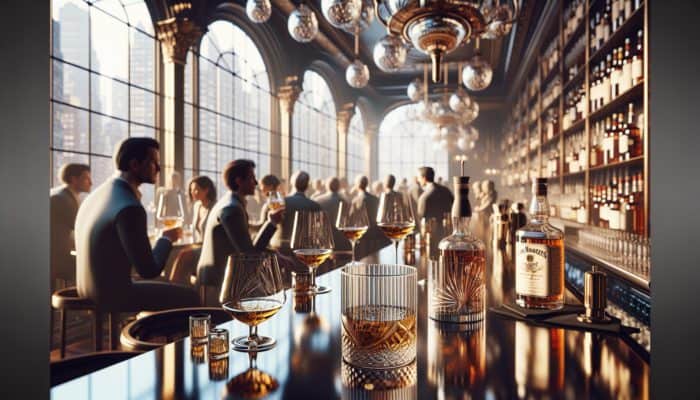 Top Day Drinking Spots With Unique Glassware: Patrons enjoying aged whiskey in intricately etched glasses at a sophisticated Manhattan bar.