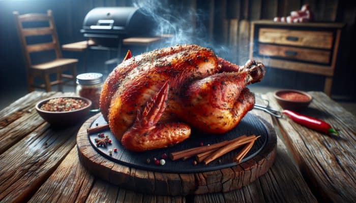 Chicken smoked with hickory wood, showcasing a rich, bacon-like aroma and savory flavor.