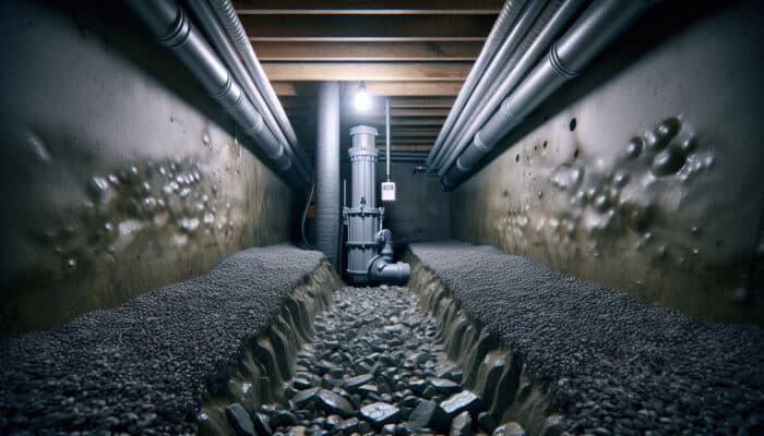 Crawl space featuring a sump pump, French drain, and interior drainage pipes for effective water removal.