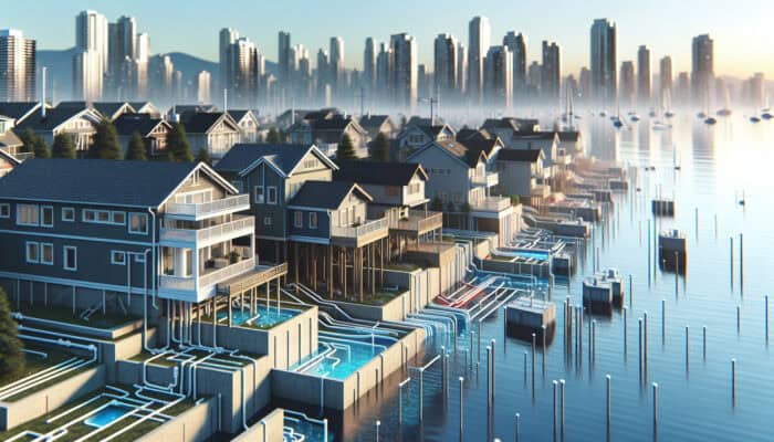 Urban West End neighbourhood with elevated homes and integrated drainage systems near English Bay, effectively preventing flooding.