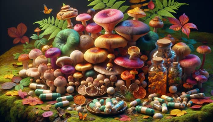 Mushroom Supplements for Endurance: Colourful mushrooms surrounding capsules, powders, and extracts, showcasing bioactive compounds, in a forest setting.