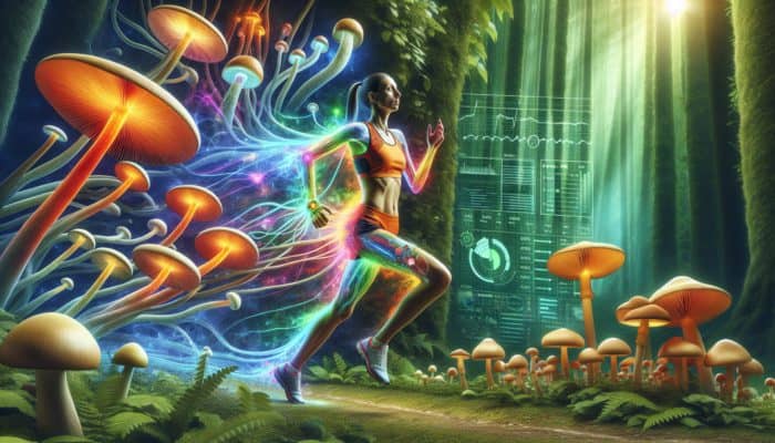 A person running a marathon, energised by glowing mushroom supplements in a mystical forest with vibrant mushrooms.