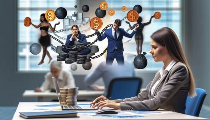 A financial advisor discussing debt consolidation strategies using a graph, showing a person with multiple debts versus one with a single debt.