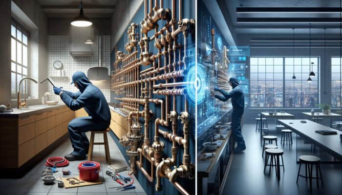 A plumber diligently working on water valves in a kitchen and commercial facility to ensure efficient water management and prevent leaks.