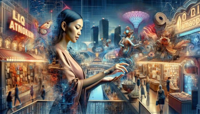 Person in Las Vegas exploring gifts at The LINQ Promenade and artisan markets, engaging with shop owners amidst vibrant city lights.