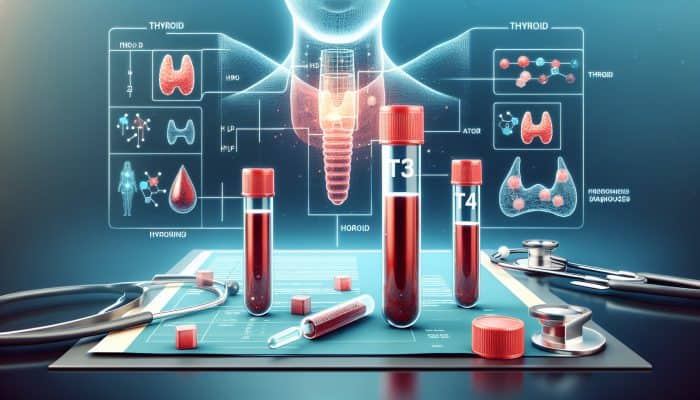 Thyroid Blood Test in Cambridge: Illustration of thyroid blood test with vials labelled T3 and T4, thyroid gland, and hormone level graphs.